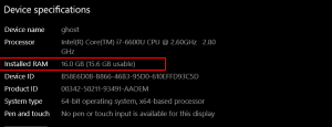 RAM installed on windows 10